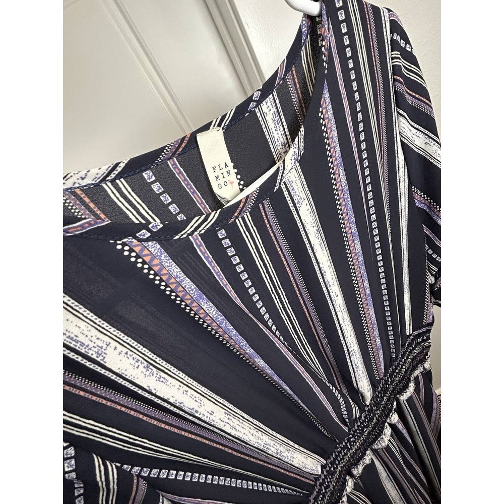 Flamingo Size S Black/White/Purple Striped V-Neck A-Line Short Sleeve Midi Dress - Picture 2 of 3